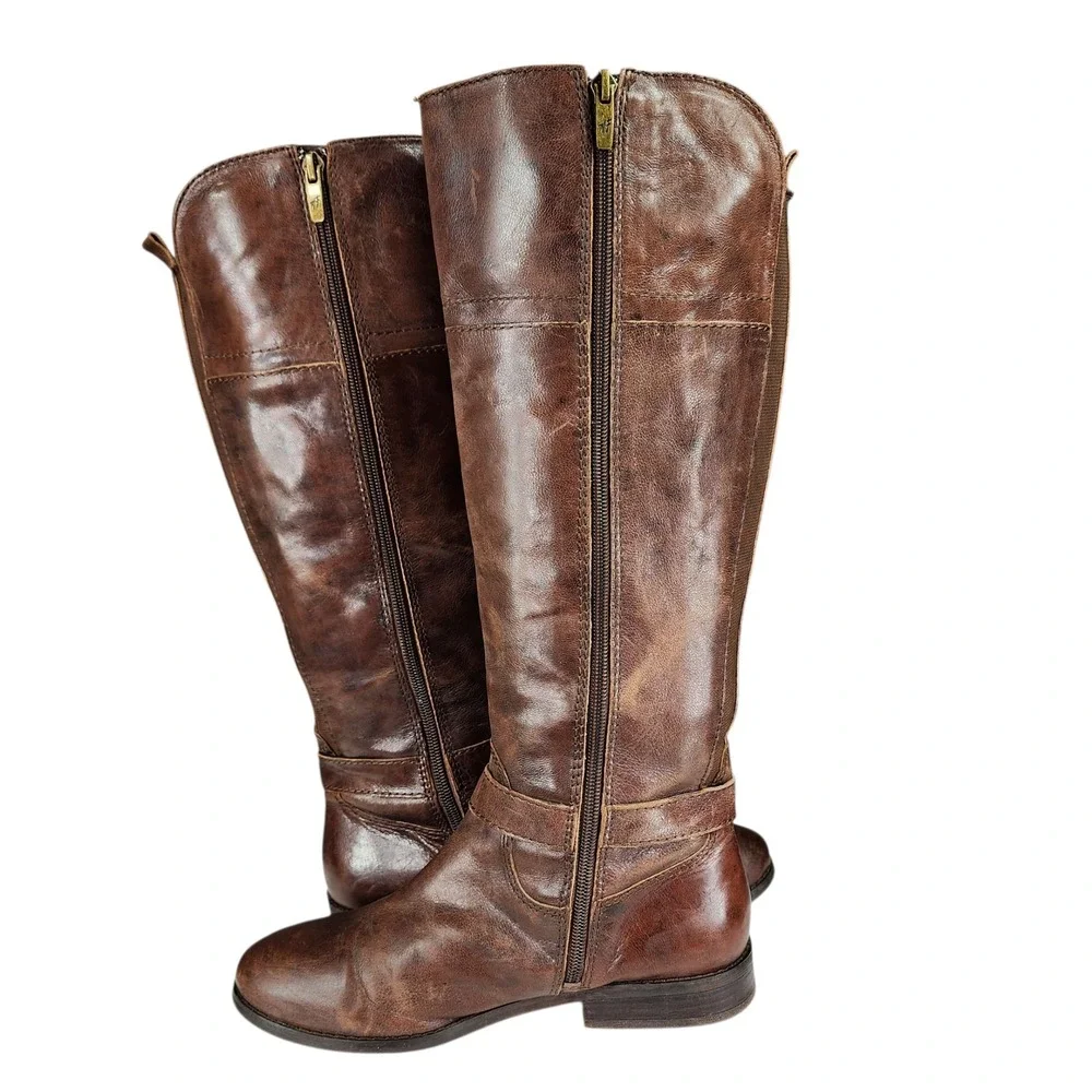 Marc Fisher Riding Boots 7M Women Stretch Zip Brown Leather Knee High Equestrian